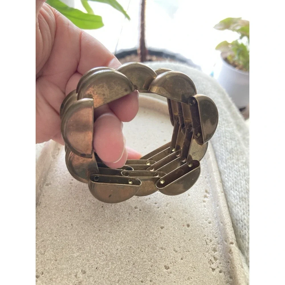 Copper Tank Bracelet Linked Patina Chunky‎ Collapsible Bold Vintage Brutalist